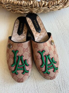 Gucci Tan GG Canvas Mules with Green & Red Embroidered Logo